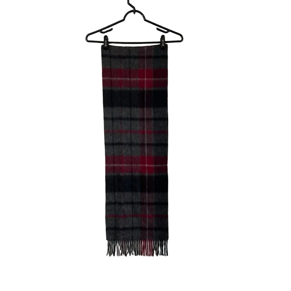Elliot Mulryan Mens Gray Black Burgundy Plaid Cashmere Fringe Rectangle Scarf
